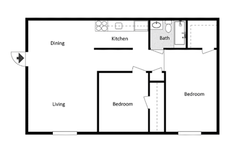 Floor plan for 2 beds, 1 bath, 728 sqft